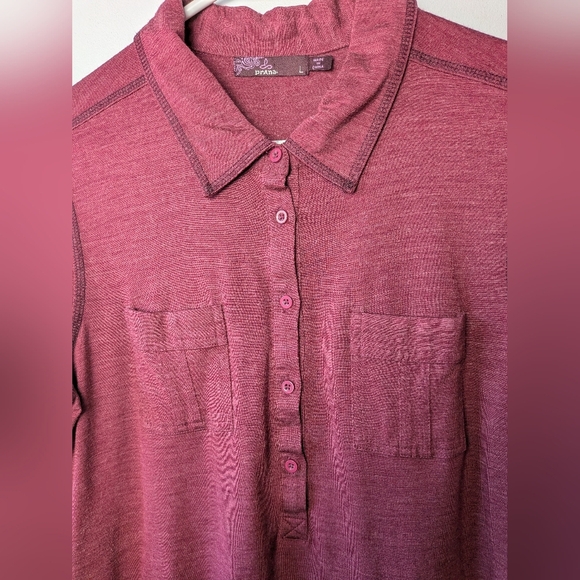 PRANA Women Long Sleeve Polo Shirt Size Large 5 Buttons Closure Dark Pink - Picture 6 of 11